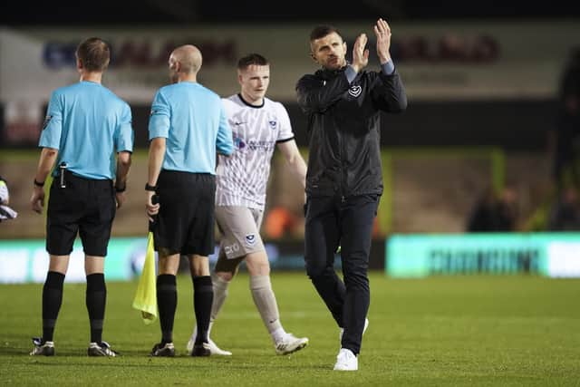 Pompey Head Coach John Mousinho has spoken about the half-time incident in the win at Forest Green. Pic: Jason Brown.