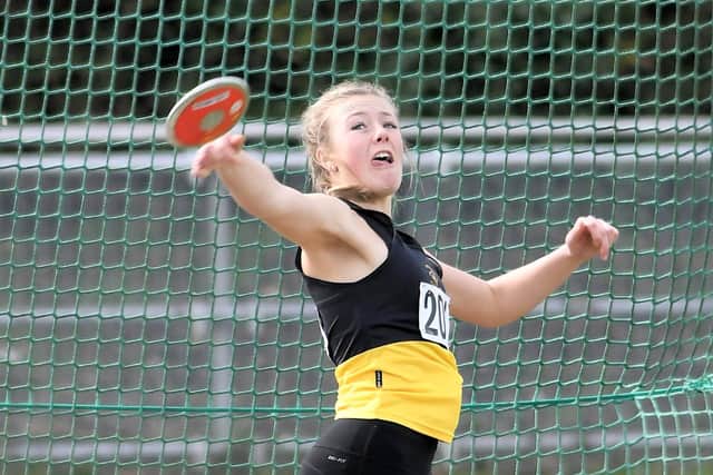 Ellie Lovett won senior girls discus gold at the English Schools Athletics Championships in Manchester.  Picture: Neil Marshall