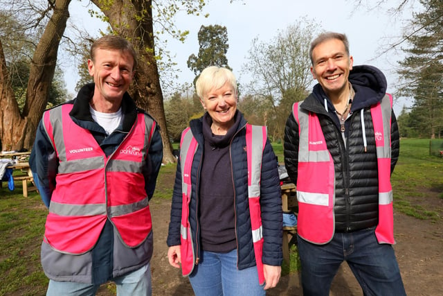 Volunteers marshals, from left, Steve Harris, Debbie Anderson and David Hackett at the 500th Havant parkrun on Saturday morning. Picture: Chris Moorhouse (jpns 220423-013)