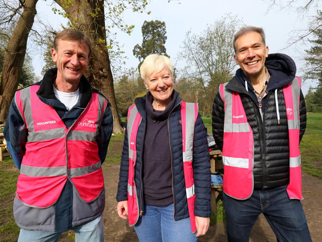Volunteers marshals, from left, Steve Harris, Debbie Anderson and David Hackett at the 500th Havant parkrun on Saturday morning. Picture: Chris Moorhouse (jpns 220423-013)