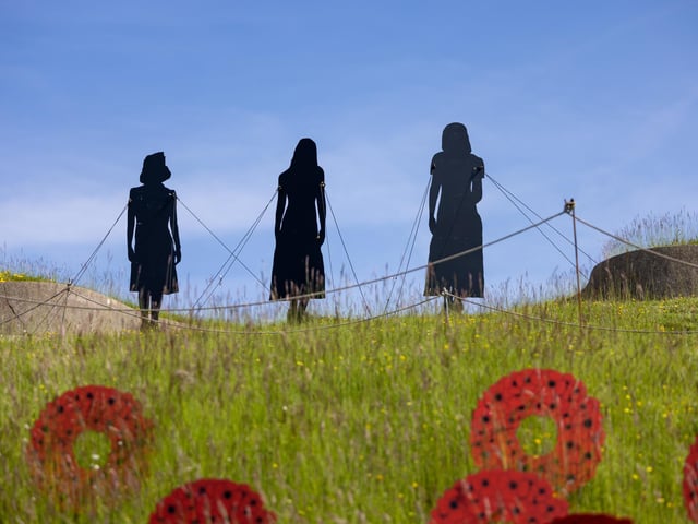 Figures in remembrance of the three female civilians who lost their lives during the Falklands Conflict. Picture: Mike Cooter (280523)