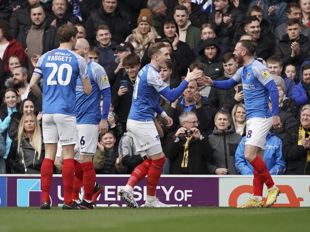 Goalscorer Ryan Tunnicliffe celebrates with Ronan Curtis after netting a first-half goal against Cheltenham. Picture: Jason Brown/ProSportsImages