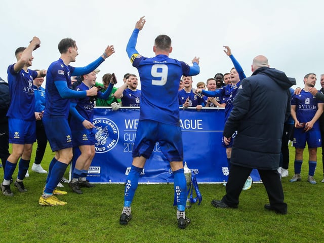 Baffins celebrate after lifting the Wessex League Cup. Picture by Nathan Lipsham