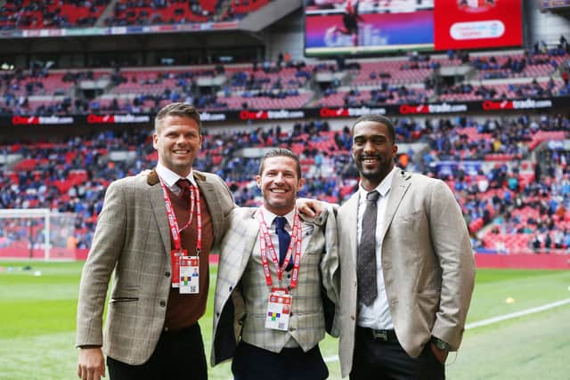 Sylvain Distin joined fellow former Pompey players Hermann Hreidarsson and David Norris at Wembley for last season's Checkatrade Trophy final. Picture: Joe Pepler