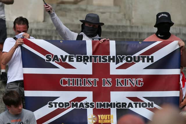 Youth Alliance protestors at Guildhall Square, Portsmouth, a group which is indorsed by Tommy Robinson. Picture: Chris Moorhouse (030824-44)