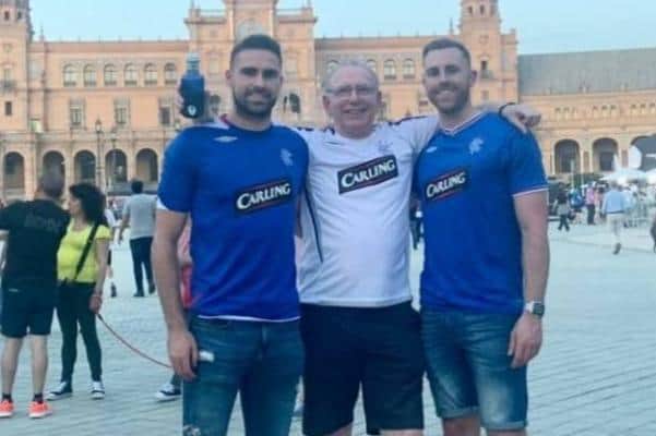 Pompey skipper Clark Robertson, left, in Seville for Glasgow Rangers' Europa League final against Eintracht Frankfurt tonight.