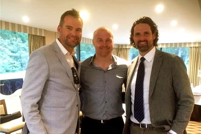 Jamie Williams at a golf tournament with professional football manager Sean Dyche and friend Jamie Turpin