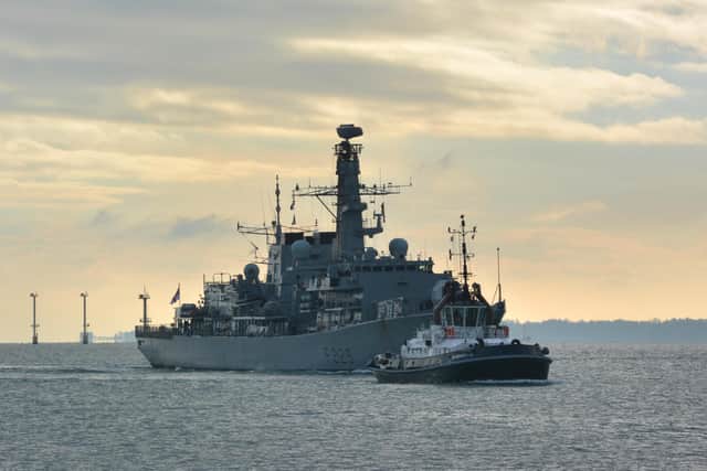 HMS Lancaster sailing back to Portsmouth Naval Base after shadowing and gathering intelligence on Russian warships travelling around the UK.