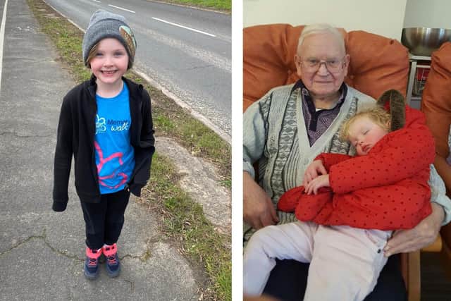 Six-year-old Ava Combes from Havant completed a Memory Walk to support Alzheimers Society after losing her great grandad Bud Macleod to the condition