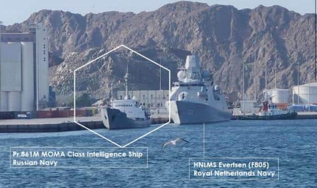 The Russian spy ship the Kildin pictured in the Omani port of Muscat alongside the larger Dutch frigate HNLMS Evertsen, which is part of the UK's carrier strike group. Photo: Twitter/H I Sutton