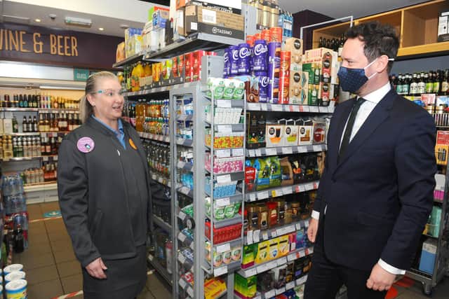 Stephen Morgan MP talks to Co-op employee Olga Attemann.
Picture: Sarah Standing (201120-8888)