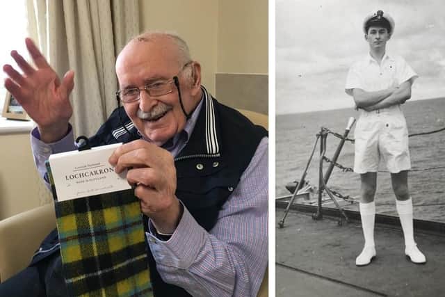 Royal Navy veteran Max Robins is celebrating his 95th birthday during lockdown and family friend Sam Spencer went above and beyond to make it special for him. Pictured: Left is Max at Christmas and right is Max during his time in the navy