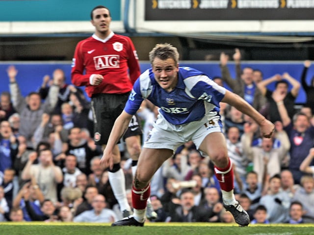 Pompey recorded a shock victory over the league leaders to blow the title race wide open. Matt Taylor opened the scoring when he pounced on Benjani's rebounded effort to fire home, before a comical own goal by Rio Ferdinand gave the Blues a 2-0 lead. David James then ensured the hosts would collect three points when he denied Alan Smith late on after John O'Shea halved the score.   Picture: Barry Zee