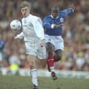 Paul Hall challenges Leeds' Gunner Halle in Pompey's 3-2 FA Cup win at Elland Road in February 1997. Picture: Anton Want/Allsport