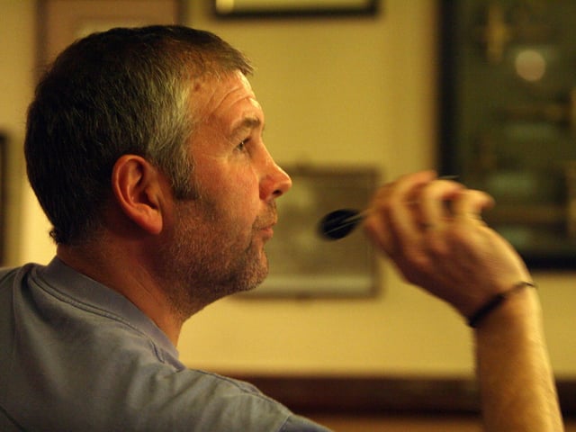 Vic Smith in action during the Portsmouth Men's Darts League pairs finals at the Meon Valley Pub in 2007.
