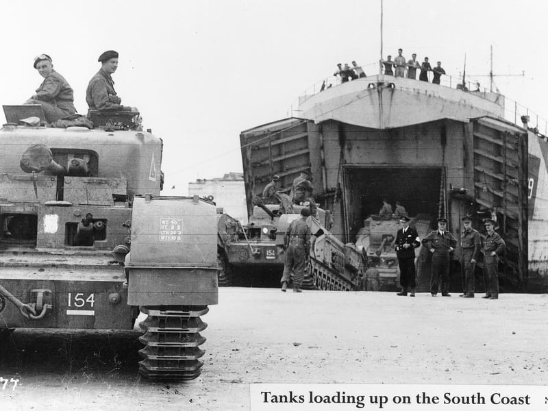 British Churchill tanks loading onto an LST, probably at Stokes Bay.