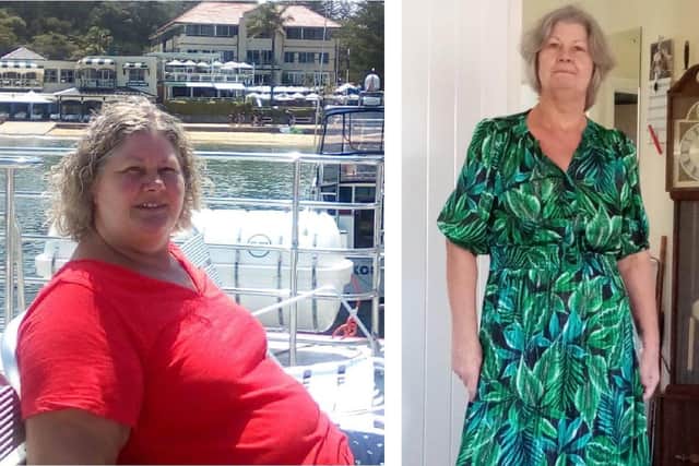 Karon Tuffs from Purbrook has lost five stone through Sliming World and has seen lots of health benefits as a result. Pictured: Karon before and after losing weight