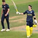 Fletcha Middleton  celebrates reaching his century during Hampshire's Metro Bank One Day Cup group tie against Middlesex at the Ageas Bowl last month. Picture by Warren Little/Getty Images.