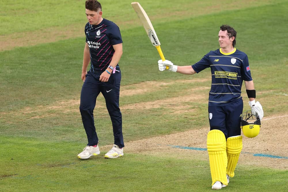 Fletcha Middleton  celebrates reaching his century during Hampshire's Metro Bank One Day Cup group tie against Middlesex at the Ageas Bowl last month. Picture by Warren Little/Getty Images.