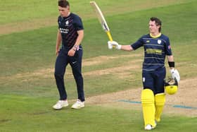 Fletcha Middleton  celebrates reaching his century during Hampshire's Metro Bank One Day Cup group tie against Middlesex at the Ageas Bowl last month. Picture by Warren Little/Getty Images.