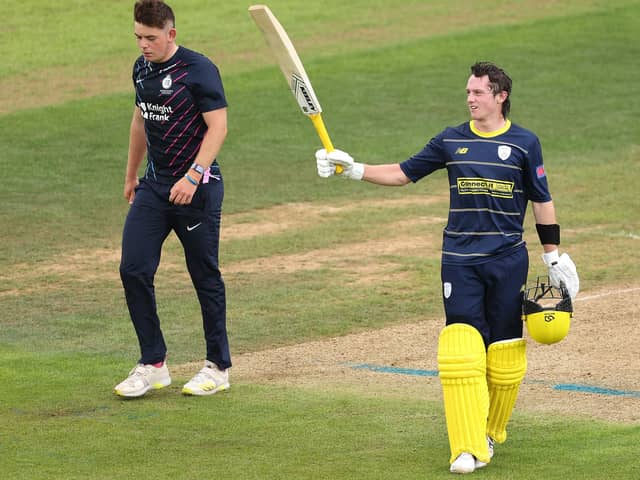 Fletcha Middleton  celebrates reaching his century during Hampshire's Metro Bank One Day Cup group tie against Middlesex at the Ageas Bowl last month. Picture by Warren Little/Getty Images.