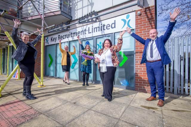 Key Recruitment is one of the longest established recruitment companies in the area and are celebrating their 21st birthday Pictured: Staff of Key Recruitment, Tori Stevens, Michelle Welsby, Ann Oxley, Monica Key and Graham Felton on 7 April 2021Picture: Habibur Rahman