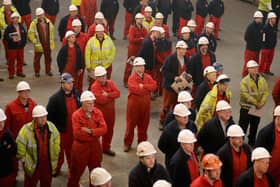 Dreadnaught-class submarines are built at the Cammell Laird shipyard in Birkenhead, Merseyside, for the Royal Navy. The MoD have responded to concerns that upcoming industrial action may slow down projects. Pictured are shipyard workers at the keel-laying ceremony of the new polar research ship, RRS Sir David Attenborough, on October 17, 2016. Picture: Christopher Furlong/Getty Images.