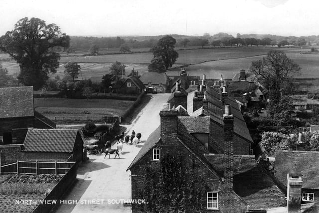 Taken from high up on Southwick church. A view from perhaps, the 1930s looking north along Southwick High Street from the top of the bell tower of Southwick Church. Picture: Costen.co.uk