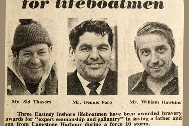 Dennis Faro was one of three crew members that saved a father and son from a motor cruiser in 1974, shown in a The News newspaper clipping from the time. Picture: RNLI.