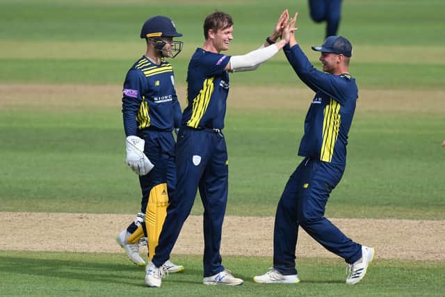 Nick Gubbins of Hampshire celebrates after dismissing Travis Head. Photo by Mike Hewitt/Getty Images.