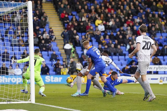 Abu Kamara gives Pompey the lead against Shrewsbury on the stroke of half-time. Picture: Jason Brown/ProSportsImages