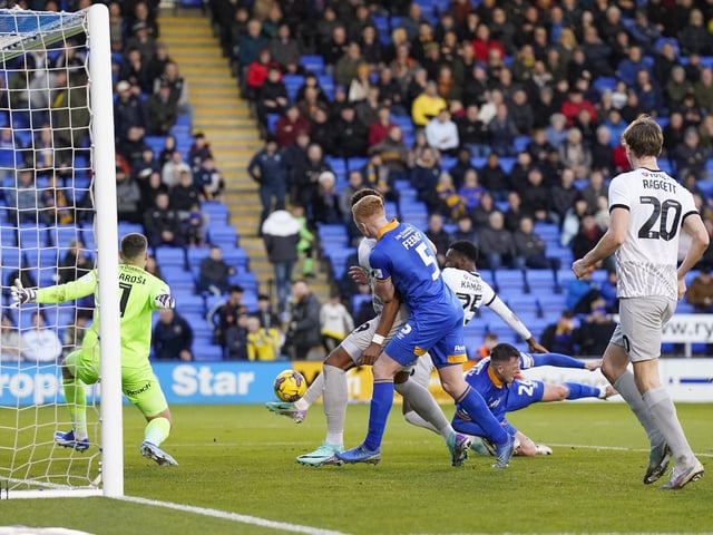 Abu Kamara gives Pompey the lead against Shrewsbury on the stroke of half-time. Picture: Jason Brown/ProSportsImages
