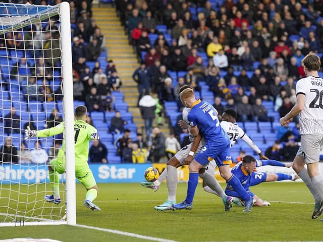 Abu Kamara gives Pompey the lead against Shrewsbury on the stroke of half-time. Picture: Jason Brown/ProSportsImages