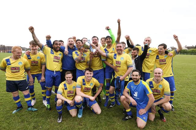 Meon Milton after winning the Mid-Solent League title. Back (from left) Harvey Cooper, Dan Gedling, Adam Beckett, Jagjit Singh, Dale Holmes, Matt Hickley, Bic Singh, Sam Fowler, Chris Foy, Aran Singh, Lewis Fisher, Andy Edwards, Dan Edwards, Gareth Bailey, Barry Jeans, Dylan Futcher. Front: Matteo Berogna, Bayley Whitcombe, Bill Cook, Ryan Brown. Picture: Chris Moorhouse