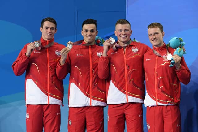 From left - Luke Greenbank, Adam Peaty, James Guy and Benjamin Proud with their silver medals after the men's 4 x 100m Medley Relay Final at the Gold Coast Commonwealth Games. Photo by Quinn Rooney/Getty Images.
