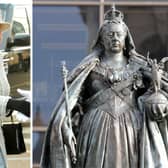 HM Queen Elizabeth II, and the Queen Victoria statue in Guildhall Square, Portsmouth