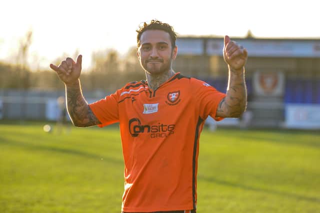 Curt Da Costa celebrates AFC Portchester's victory over Portland. Picture by Daniel Haswell