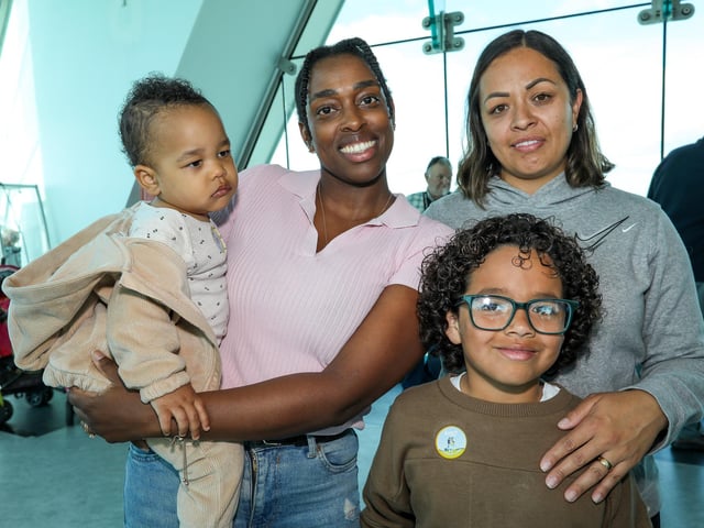 Children and parents had the chance to meet Bluey at the Spinnaker Tower. Nadia King with Timmy, 1, and Liz Torres, right, with Santiago, 8. Picture: Chris Moorhouse (290524-36)