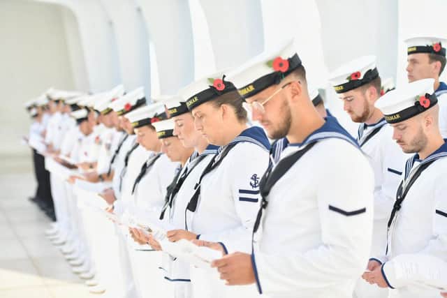 Tamar and Spey's sailors hold their remembrance service at the Arizona memorial.