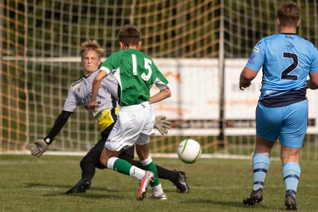 Caleb Neale scores for Moneyfields in their 4-0 Hampshire Development Under-18 East League victory at AFC Portchester. Picture: Keith Woodland