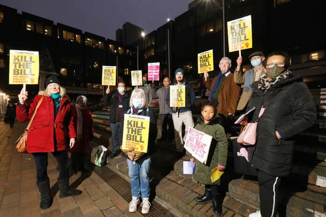Protesters from a coalition of local groups in Guildhall Square, Portsmouth, protesting against the Police, Crime, Sentencing and Courts Bill and the Nationality and Borders Bll
Picture: Chris Moorhouse (jpns 171221-30)