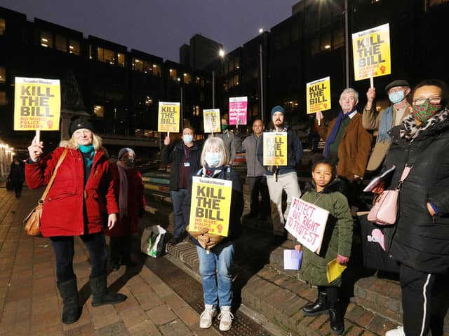 Protesters from a coalition of local groups in Guildhall Square, Portsmouth, protesting against the Police, Crime, Sentencing and Courts Bill and the Nationality and Borders Bll  
Picture: Chris Moorhouse (jpns 171221-30)