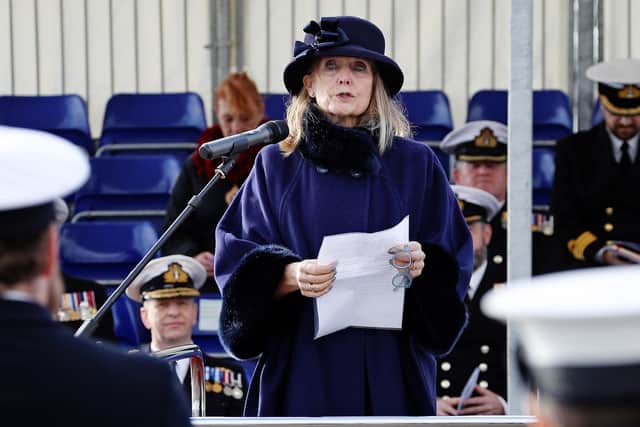 Pictured: Lady Brigitte Peach talks to the ship's company. Photo: Royal Navy