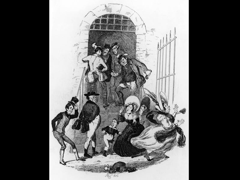 Sam Weller (right) and Samuel Pickwick (second from right) meet Pickwick's widowed landlady Mrs Bardell at Fleet Prison in a scene from Charles Dickens's first novel 'The Pickwick Papers', published as a serial from 1836 to 1837. Illustration by Phiz (Hablot Knight Browne, 1815 - 1882). (Photo by Hulton Archive/Getty Images)