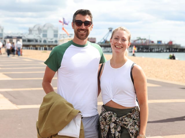 Scenes in Portsmouth and Southsea of people enjoying the Bank Holiday Monday. Pictured is (L-R) Matt Hurren and Lydia Cooper.
Monday 28th August 2023.
Picture: Sam Stephenson.
