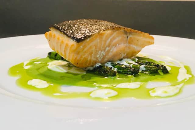 Salmon, charred asparagus, yoghurt and chive oil by Lawrence Murphy