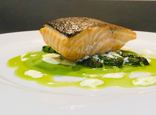 Salmon, charred asparagus, yoghurt and chive oil by Lawrence Murphy