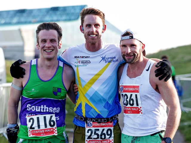 The top three in the festive half marathon (from left): Jack Collins (3rd), Conrad Young (1st) and Tristram Murdoch (2nd).  Picture: Chris  Moorhouse (221224-69)