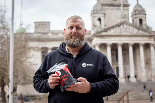 Phil Carr of Forseti Training, has helped design trauma kits that cater for a number of different types of wounds.

Pictured: Phil Carr with the new trauma kits outside Portsmouth Guildhall on Monday March 6, 2023

Picture: Habibur Rahman