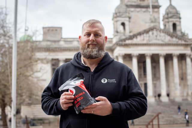 Phil Carr of Forseti Training, has helped design trauma kits that cater for a number of different types of wounds.
Pictured: Phil Carr with the new trauma kits outside Portsmouth Guildhall on Monday March 6, 2023
Picture: Habibur Rahman